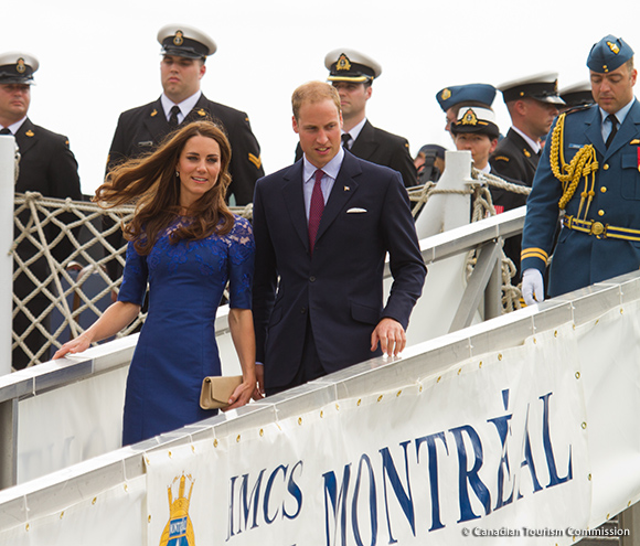 The Duke and Duchess of Cambridge disembark from the HMCS Montreal frigate after a morning worship service with crew members. Photo by Maurice Li.