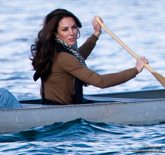 Kate paddles a canoe in a Zara shirt and Aquascutum Scarf