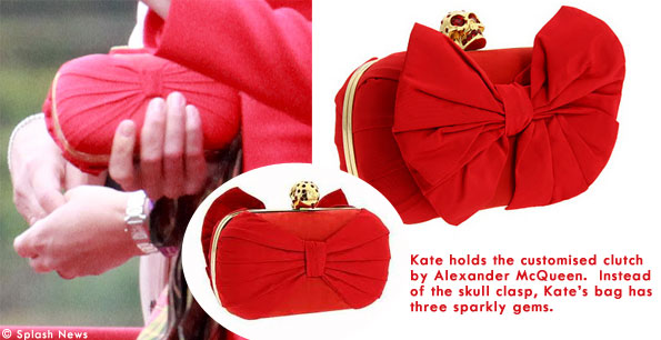 Kate's red bow clutch is by Alexander McQueen Kate's red bow clutch is by Alexander McQueen