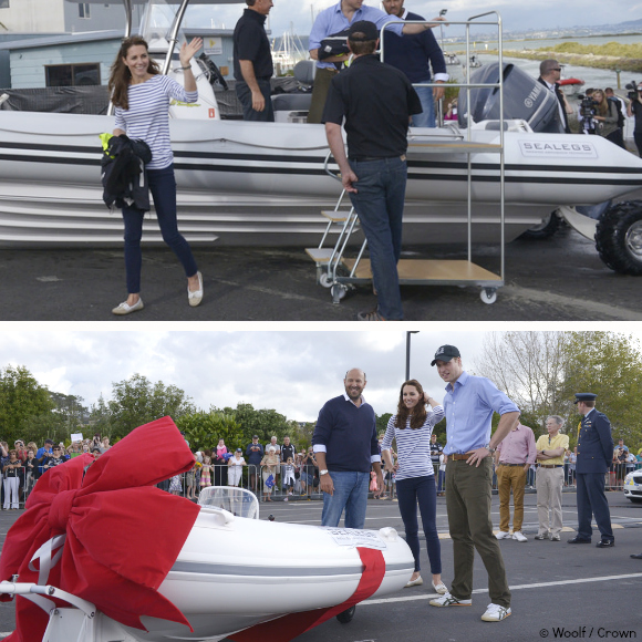 Top: Kate William disembarking Sealegs. Bottom: a mini Sealegs boat as a gift for George