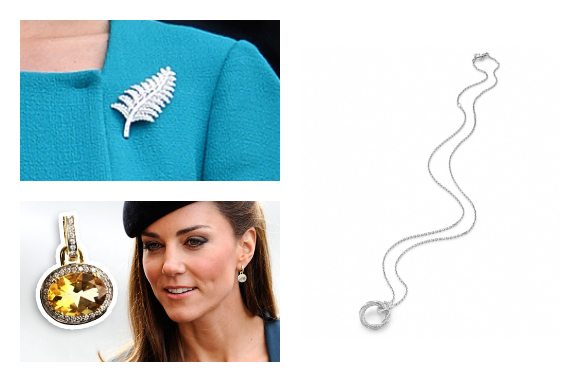 Kate's accessories Top left fern brooch, bottom left: Kiki earrings worn in 2012 and the same style in another colour. Both © Splash News. Right: Mappin & Webb necklace