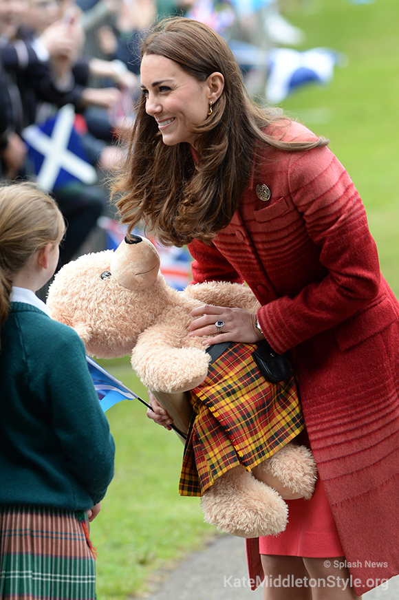 Kate was presented with a teddy bear wearing a Strathearn tartan kilt