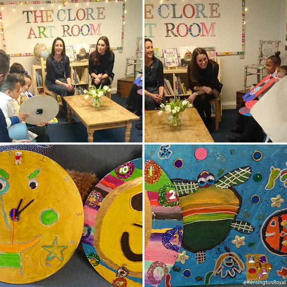 Top: Kate meets children at The Clore Art Room. Below: The Children's artwork