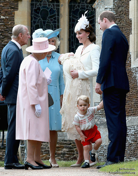 ***MANDATORY BYLINE TO READ INFPhoto.com ONLY***<BR /> Catherine, Duchess of Cambridge, Prince William, Duke of Cambridge, Princess Charlotte of Cambridge, Prince George of Cambridge, at the christening of Princess Charlotte of Cambridge at the church of St Mary Magdalene on the Sandringham Estate in King's Lynn, UK. <P> Pictured: Catherine, Duchess of Cambridge, Prince William, Duke of Cambridge, Princess Charlotte of Cambridge, Prince George of Cambridge, Queen Elizabeth II, Prince Phillip, Duke of Cambridge, Camilla, Duchess of Cornwall <B>Ref: SPL1071653 050715 </B><BR /> Picture by: INFphoto.com<BR /> </P><P>