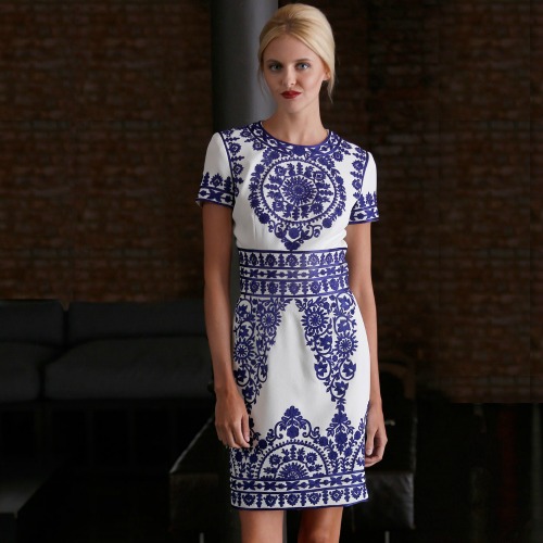 Naeem Khan white & blue embroidered dress