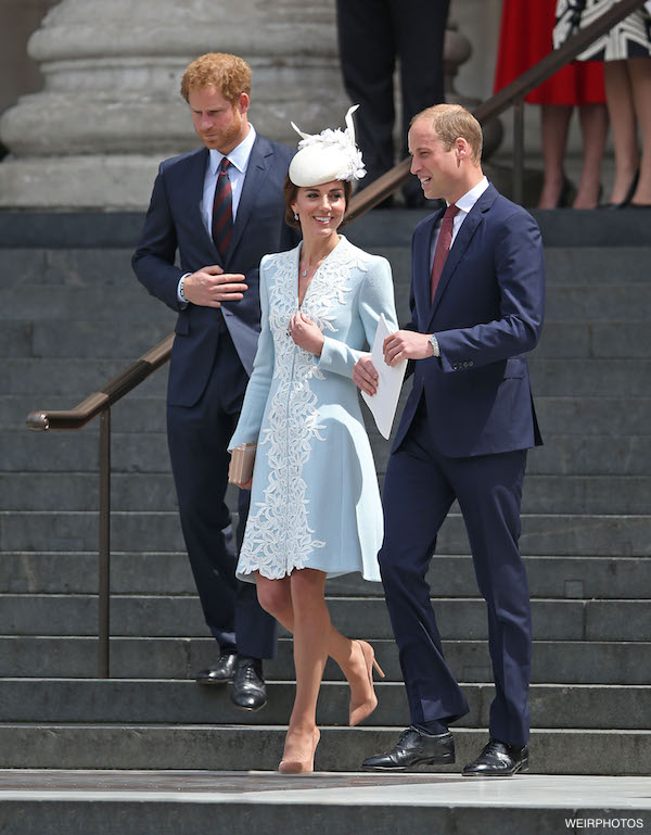 Duke Of Cambridge, Prince William & The Duchess Of Cambridge, Catherine Middleton along with Prince Harry are seen here leaving St Paul's Cathedral in London after attending The National Service of Thanksgiving in honour of the Queen's 90th birthday. The Duchess Of Cambridge, Catherine Middleton curtsey towards Queen Elizabeth II as she & Prince Philip, Duke of Edinburgh was driven away.