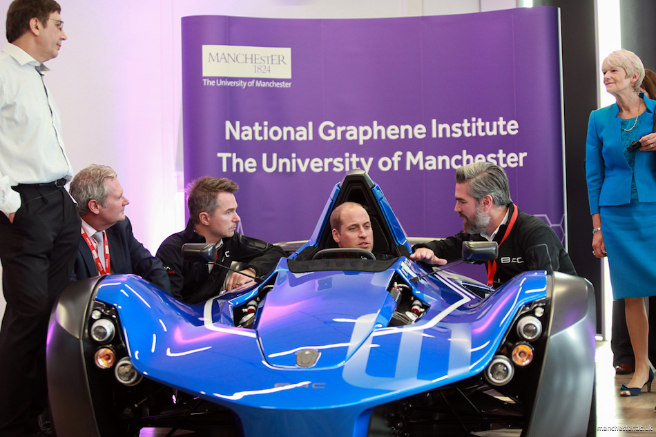 Prince William in the sports car at the university of Manchester