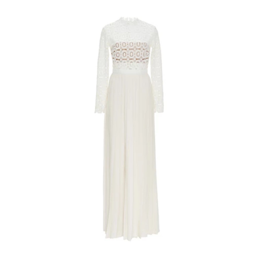 Self-Portrait ‘Lace Military’ Pleated Crochet Maxi Dress in White
