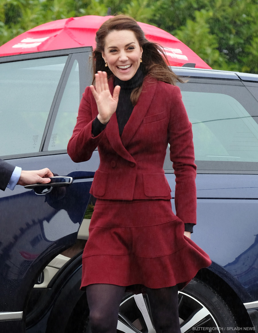 The Duchess of Cambridge smiles and waves as she arrives in Caerphilly, Wales.