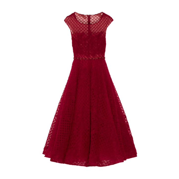 Marchesa Notte Flared Midi Dress in Burgundy