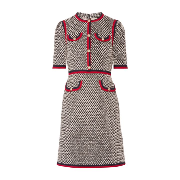 Gucci Tweed Mini Dress in Monochrome with Red Trim