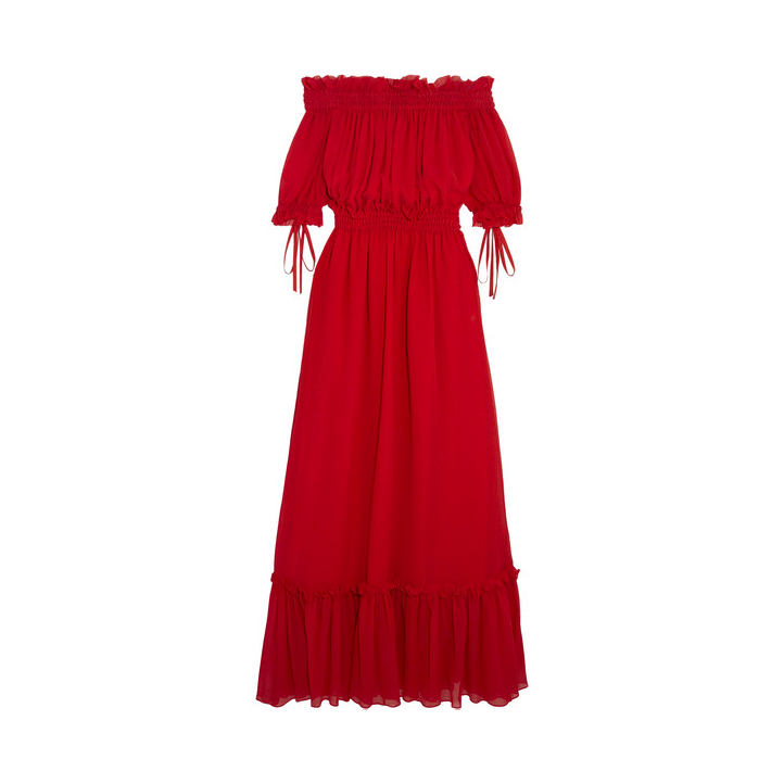 Alexander McQueen Off Shoulder Maxi Dress in Red