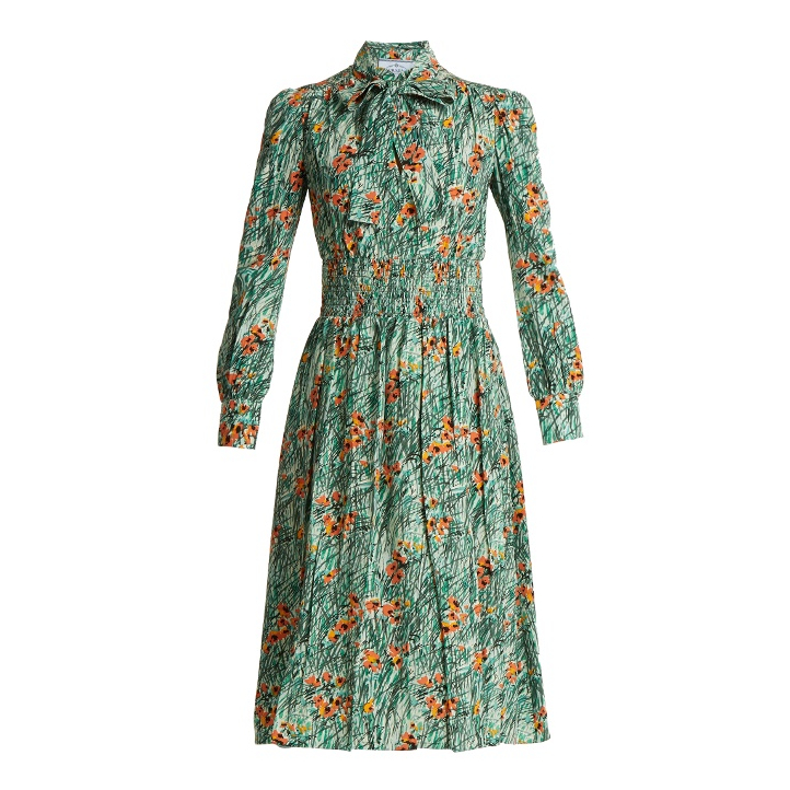 Prada Poppy Print Silk Crepe Dress in Green