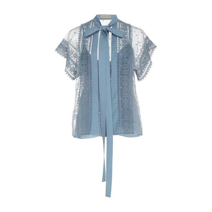 Elie Saab Blue Macramé Pussy-Bow Top