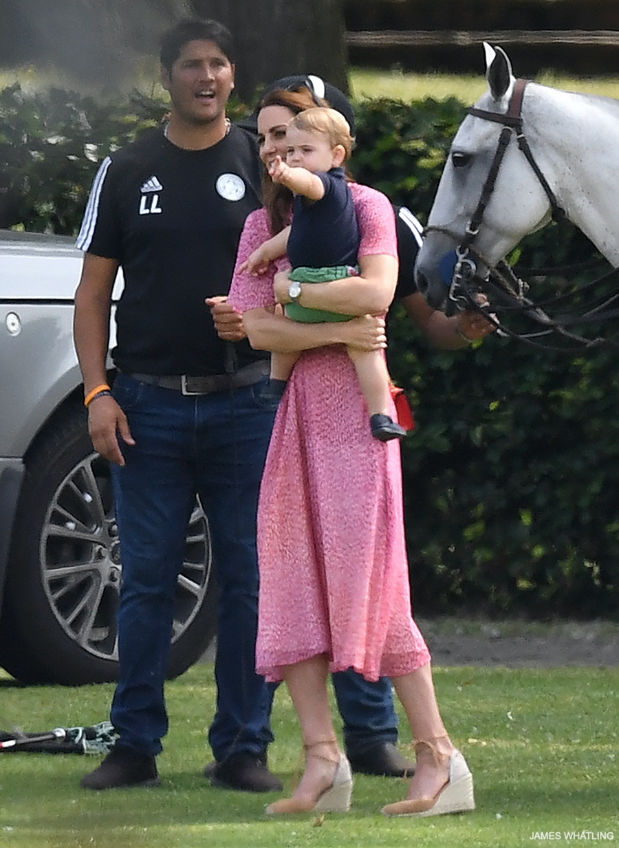 Kate middleon looks pretty in pink LK Bennett Madison dress as she attends a polo match with her three children