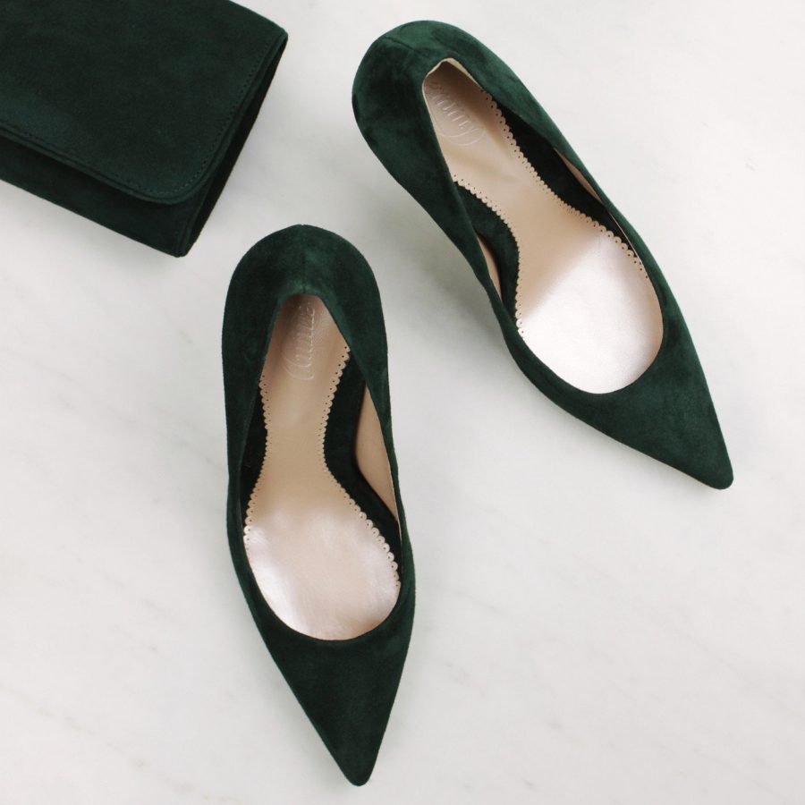 The Emmy London Rebecca shoes in the colour Greenery. Also, the Natasha clutch in Greenery.