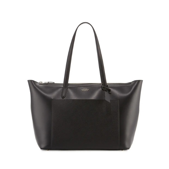 Smythson East West Tote Bag with Zip in Black Panama