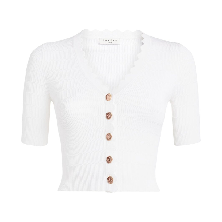 Sandro Cecil White Scalloped Trim Cardigan