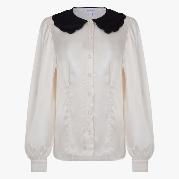 Ghost London Ivory Satin ‘Boo’ Blouse with Black Peter Pan Collar