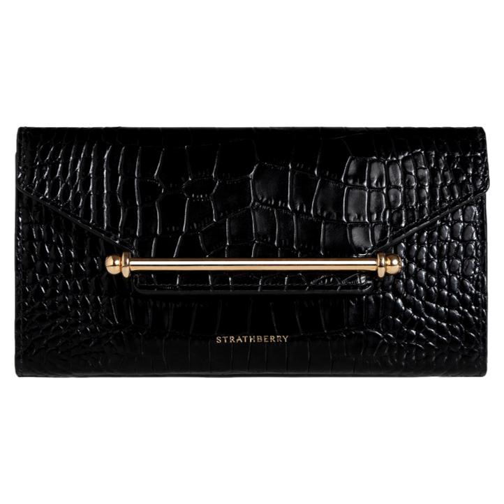 Strathberry Multrees Chain Wallet in Black Embossed Croc