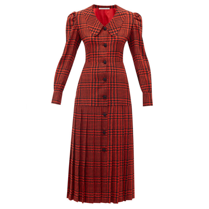 Alessandra Rich pleated houndstooth midi dress in red and black