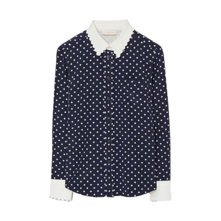Tory Burch Scallop-edged Silk Shirt in Blue Polka Dot
