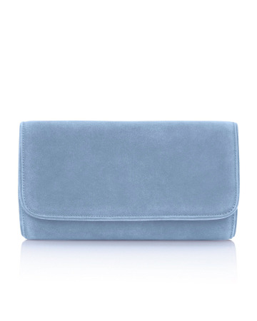 Close-up of the Emmy London Natasha clutch in Power Blue suede, showing its structured flap-front design and soft suede texture.