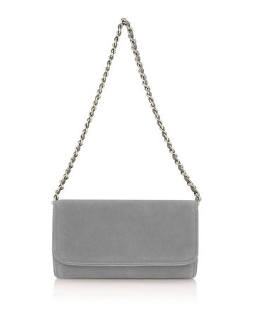 A front view of the Emmy London Natasha clutch in steel grey suede, displayed with its detachable silver chain strap, showcasing its minimalist and timeless design.