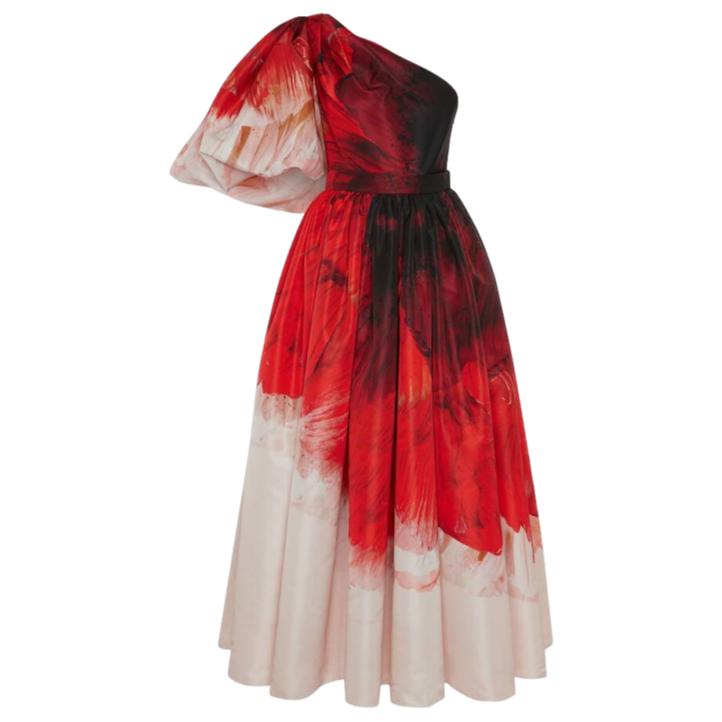 Alexander McQueen Asymmetric Draped Sleeve Anemone Print Dress in Red