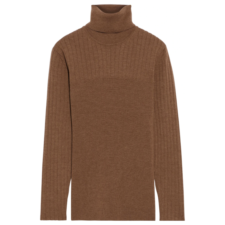 Iris & Ink Éloise ribbed merino wool-blend turtleneck sweater in light brown