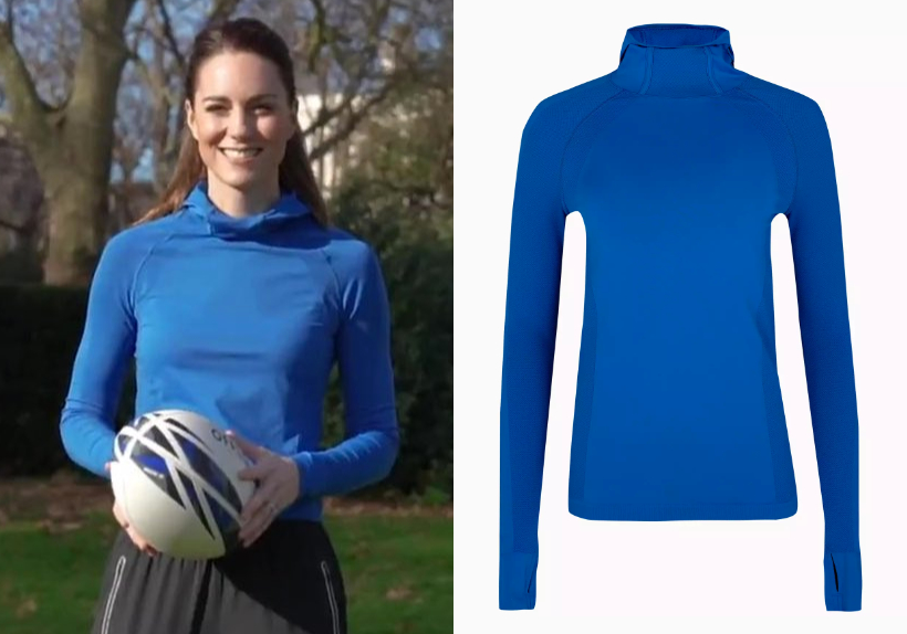 This side-by-side comparison image shows a photo of the Duchess wearing a blue top on the left. A photo of a blue top from Sweaty Betty's website is on the right. The comparison makes it clear they are the same top.