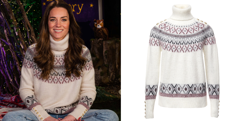 A side-by-side comparison of the Duchess wearing the cream fair isle sweater by Holland & Cooper and a stock image from the brand's website