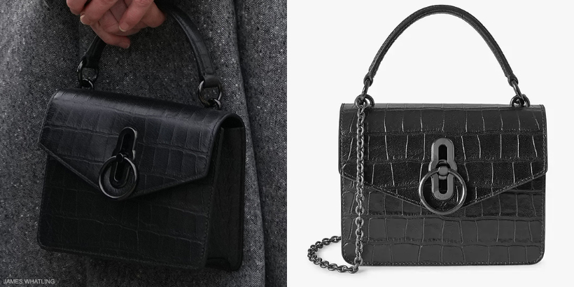 A side-by-side photo showing Kate Middleton holding her black Mulberry bag against a stock photo from the Mulberry website itself. The comparison makes it obvious that this is the bag Kate is carrying.
