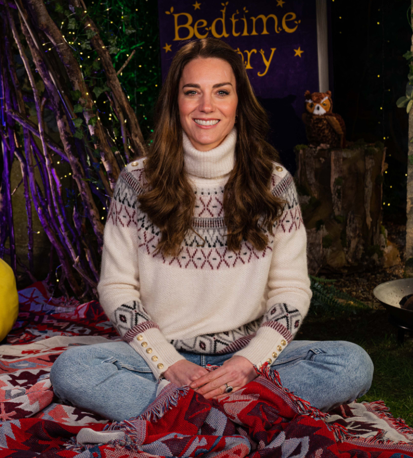 The Duchess of Cambridge (Kate Middleton) in a promotional image for CBeebies' bedtime story. The Duchess is wearing the Holland Cooper Fair Isle Sweater.