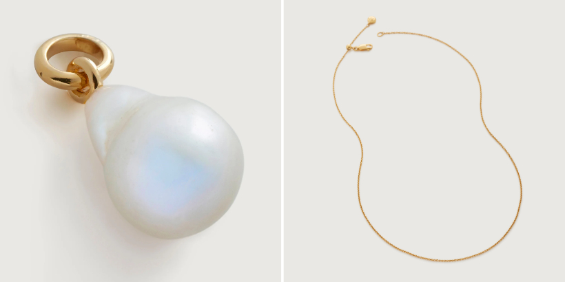 The Monica Vinader 'Nura' freshwater Pearl Pendant on the left, the fine gold chain on the right.