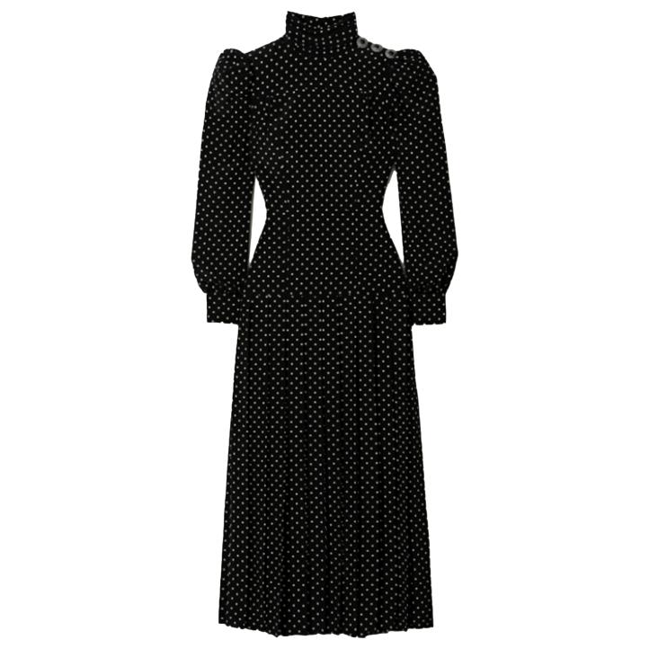 Alessandra Rich Pleated Polka Dot Midi Dress in Black