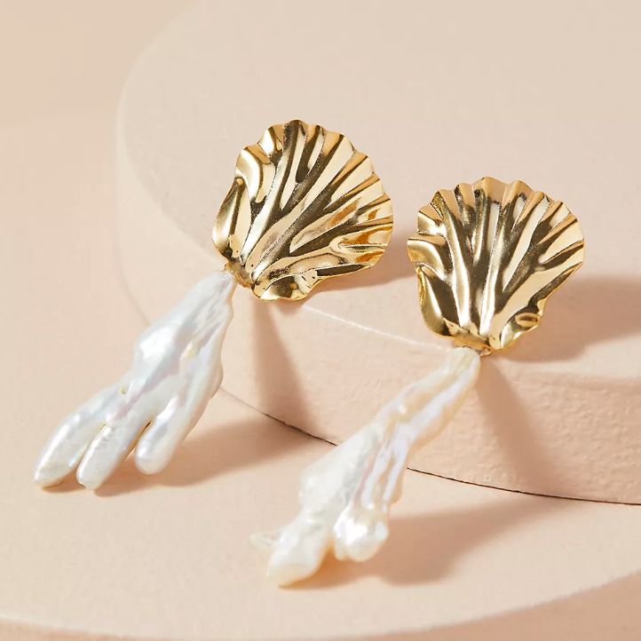 Anthropologie Coral Shell Drop Earrings in Gold & Pearl
