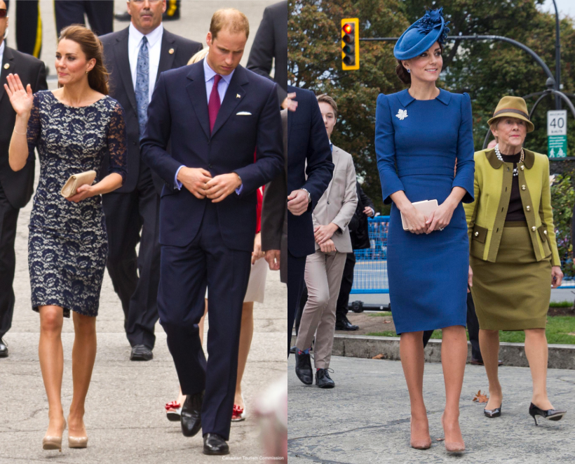 Kate Middleton wearing blue dresses, including a lace one, during Royal Tours in Canada in 2011 and 2016