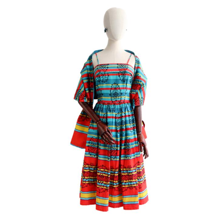 Vintage 1950s striped sundress in coral and turquoise