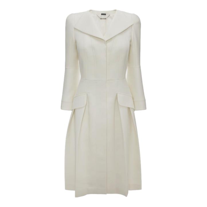 Alexander McQueen Pleated Fit & Flare Wool Coat in Ivory White