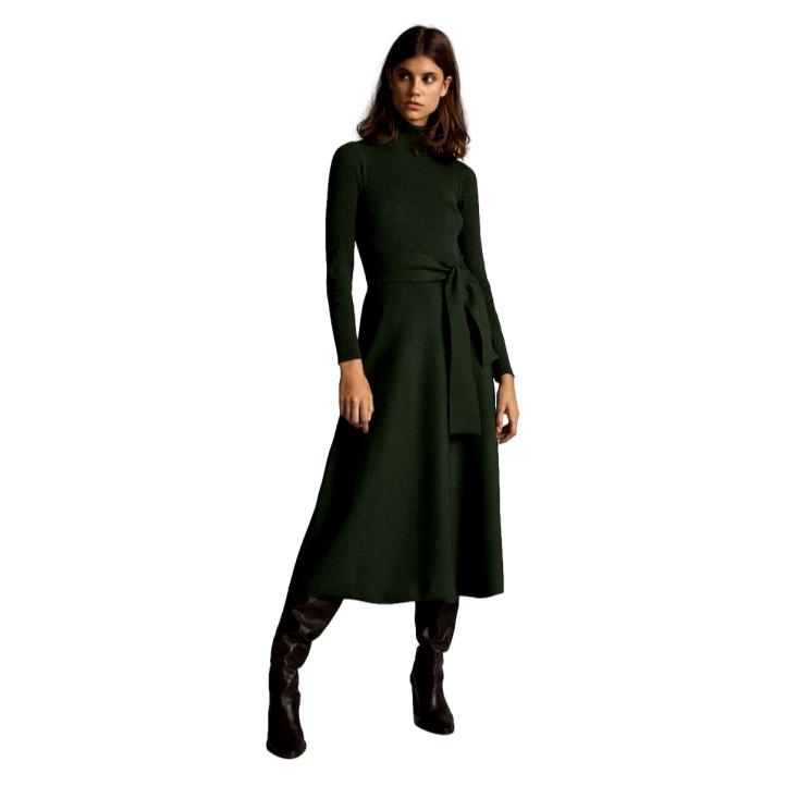 Massimo Dutti Bottle Green High Neck Dress with Belt