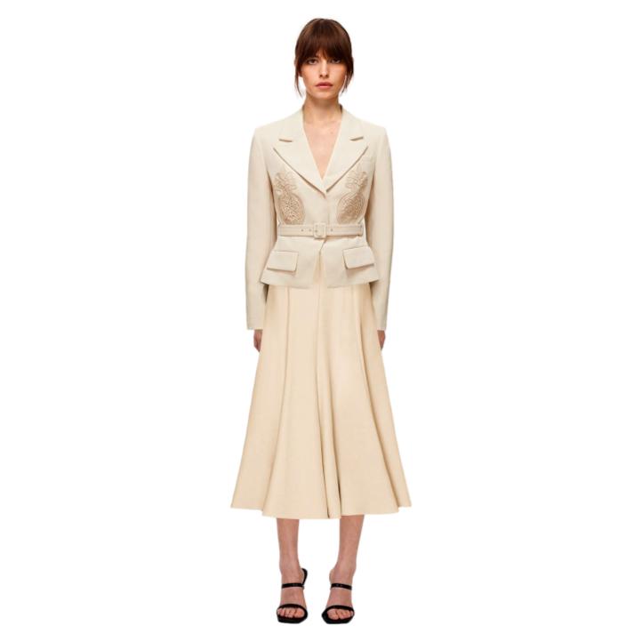 Self-Portrait Tailored Crepe Lace Detail Midi Dress in Cream