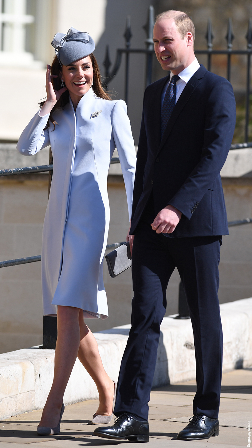 Kate Middleton rewearing her dove grey Alexander McQueen coat with updated accessories at Easter service in Windsor, 2019.
