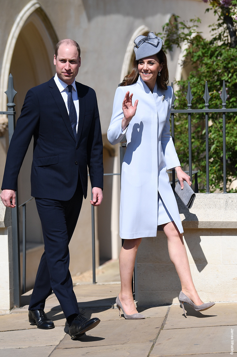 Kate Middleton wearing a dove grey Alexander McQueen coat and Jane Taylor hat on Easter Sunday in Sydney, 2014.