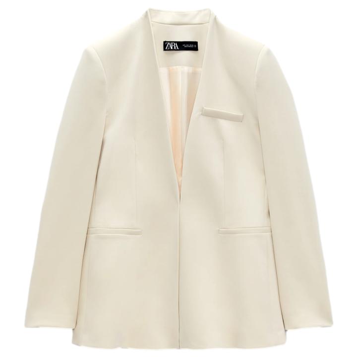 Zara Inverted Lapel Long Blazer in Ecru