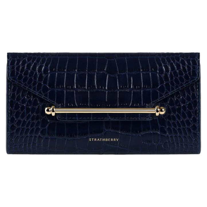 Strathberry Multrees Chain Wallet in Navy Embossed Croc