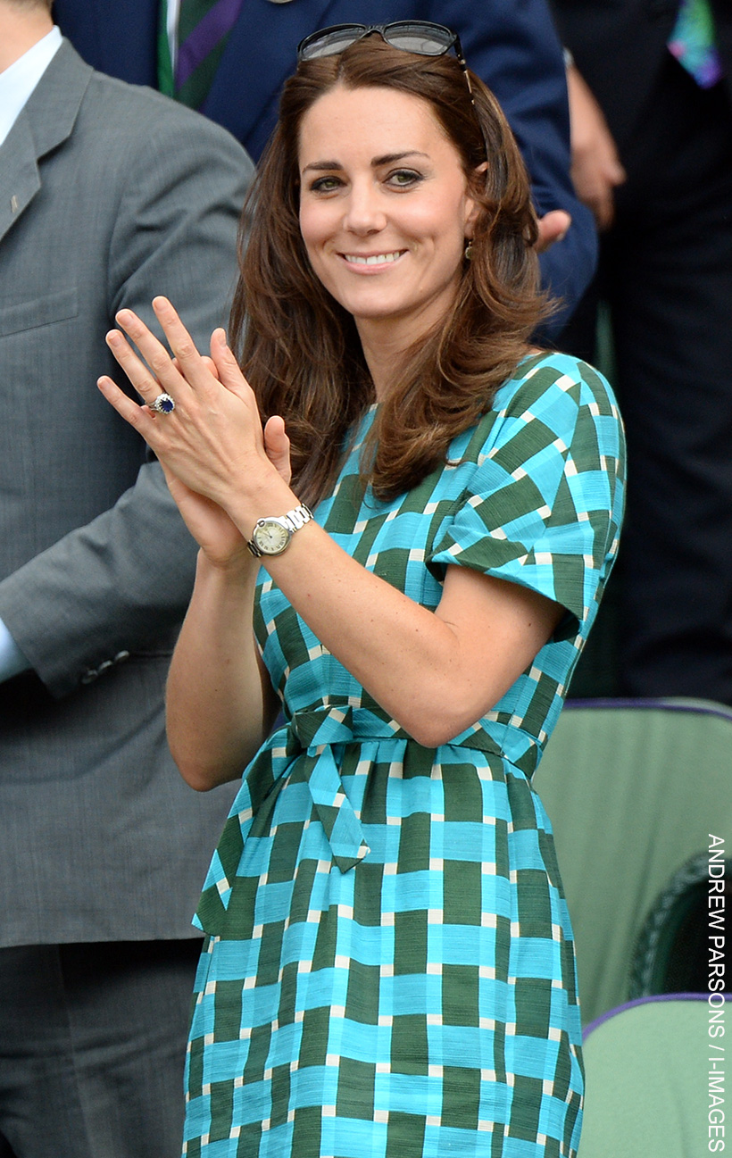 Kate Middleton wearing the blue and green Jonathan Saunders 'Evelyn' dress at the 2014 Wimbledon Men's Final