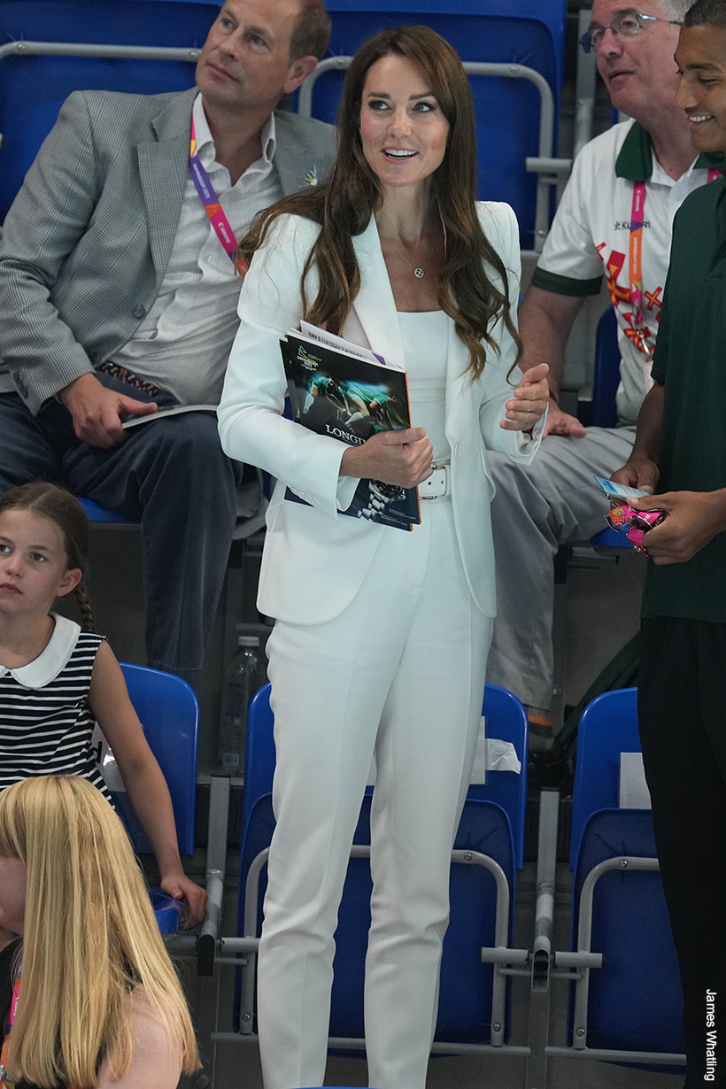Kate Middleton wearing a white Alexander McQueen suit at the 2022 Birmingham Commonwealth Games