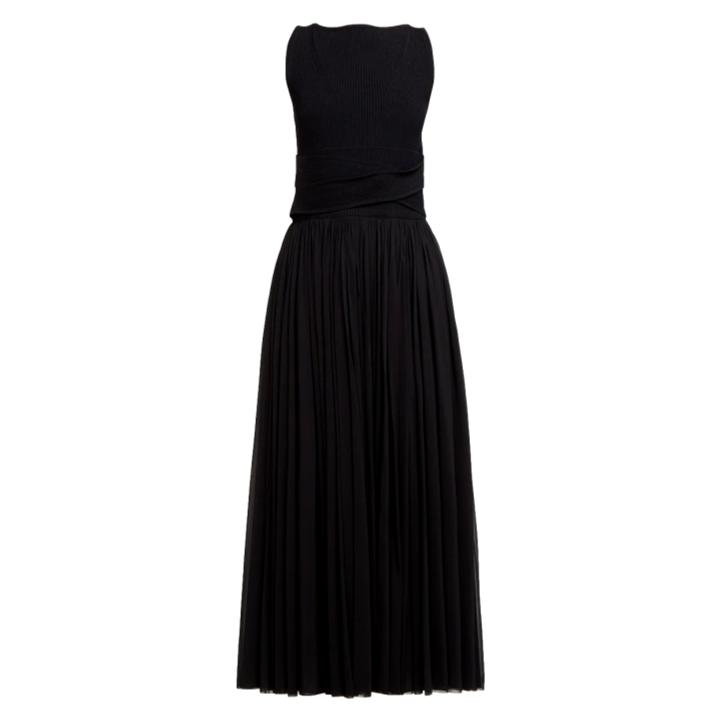 Alexander McQueen Long Dress With Ribbed Bodice and Pleated Skirt in Black
