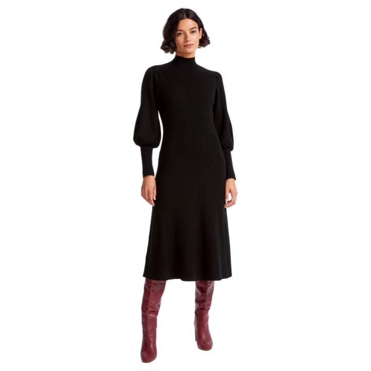 Cefinn Eva Blouson Sleeve Fit and Flare Merino Knit Dress in Black